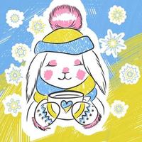 White rabbit in a hat and mittens with a cup of hot drink,  in blue and yellow colors vector