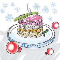 Herring under a fur coat, a delicious festive salad of beets and ribs, on the background of toys and snowflakes vector