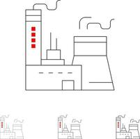 conjunto de iconos de línea negra audaz y delgada de la industria de la fábrica de construcción de edificios vector