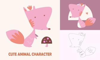 Coloring cute animals for kids with fox outline vector