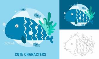 Coloring cute animals for kids with whale outline vector