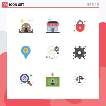 Modern Set of 9 Flat Colors Pictograph of solution bulb security plus navigation Editable Vector Design Elements
