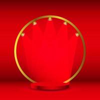 Red realistic 3d cylinder pedestal podium with gold circle and lamps. Vector abstract studio room.