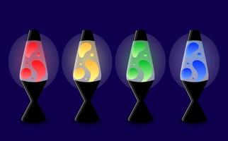 Four realistic lava lamps in different colors on dark background. Vector illustration