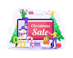 E-commerce Christmas Sale Banner and Shopping concept. People shop in E-Commerce at Christmas Sale. Vector illustration in flat style