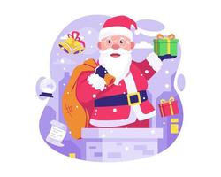 Happy Santa Claus coming out of the chimney on the rooftop ready to give Christmas gifts. Merry Christmas and Happy new year concept. Vector illustration in flat style