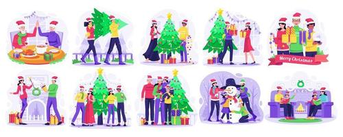 conjunto de feliz navidad y feliz año nuevo ilustración conceptual con personas que celebran la fiesta navideña de invierno. ilustración vectorial en estilo plano vector