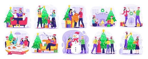 conjunto de feliz navidad y feliz año nuevo ilustración conceptual con personas que celebran la fiesta navideña de invierno. ilustración vectorial en estilo plano vector
