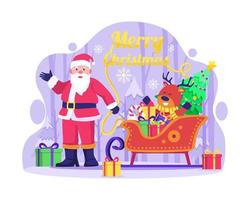 santa claus, reno con un trineo lleno de regalos me desea feliz navidad y próspero año nuevo. ilustración vectorial en estilo plano vector