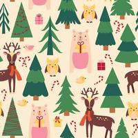 fondo navideño con animales y abetos vector