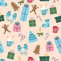 Christmas pattern with gingerbread, gifts and clothes vector