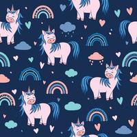 lindo unicornio con nubes y arco iris sobre un fondo oscuro vector