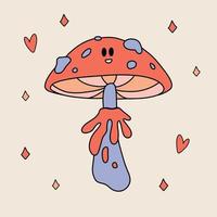 Funny retro Sticker of Groovy Mushroom with eyes. Vintage cartoon 60s - 70s psychedelic element. Isolated vector illustration