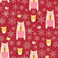 Christmas background with teddy bears, snowflakes and birds vector