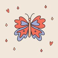 Funny retro Sticker of Groovy Butterfly. Vintage cartoon 60s - 70s psychedelic element. Isolated vector illustration