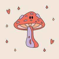 Funny retro Sticker of Groovy Mushroom with eyes. Vintage cartoon 60s - 70s psychedelic element. Isolated vector illustration