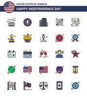 Set of 25 Vector Flat Filled Lines on 4th July USA Independence Day such as paper grill eagle bbq food Editable USA Day Vector Design Elements