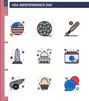 9 USA Flat Filled Line Pack of Independence Day Signs and Symbols of building usa baseball sight landmark Editable USA Day Vector Design Elements