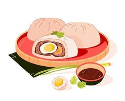 banh bao, un plato de la cocina vietnamita. un bollo con carne y huevos. ilustración vectorial vector