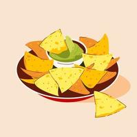 Nachos, mexican food appetizer. Corn tortilla chips with various additives. Vector illustration
