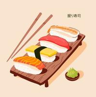 Sashimi, a dish of national Japanese cuisine. Nigirizushi. Vector illustration