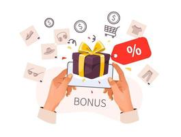 Online shopping bonuses. Online store in the phone. Vector illustration.