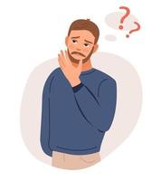 A thoughtful man with a question. Puzzled business  man doubting, deciding, setting priorities. Flat vector illustration isolated on white background