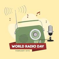 feliz día mundial de la radio el 13 de febrero con radio vintage e ilustración de micrófono en un fondo aislado vector