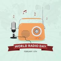 feliz día mundial de la radio 13 de febrero con ilustración de radio y micrófono vintage vector