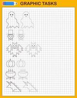 Graphic tasks. Educational game for preschool children. Worksheets for practicing logic and motor skills. Halloween set for kids. Vector. vector