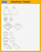 tareas gráficas. juego educativo para niños en edad preescolar. Hojas de trabajo para practicar la lógica y la motricidad. juego de halloween para niños. vector. vector