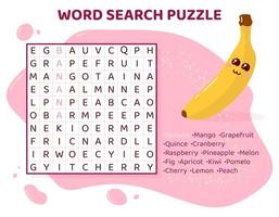 Word search puzzle with fruits and berries. Education game for children. Learning English language. Cartoon spelling puzzle. Test for kids Crossword book. Vector illustration.