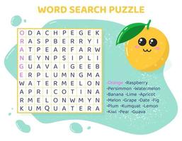 Word search puzzle with fruits and berries. Education game for children. Learning English language. Cartoon spelling puzzle. Test for kids Crossword book. Vector illustration.