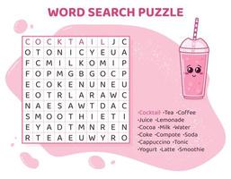 Word search puzzle with various drinks. Education game for children. Learning English language. Cartoon spelling puzzle. Test for kids Crossword book. Vector illustration.