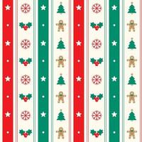 Cute Merry Christmas Tree Red Green Holly Candy Cane Gingerbread Wreath Snowflake Man Vertical Line Stripe Striped Plaid Tartan Buffalo Scott Gingham Background Seamless Pattern