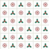 Cute Merry Christmas Holly Mistletoe Snow Snowflake Red Green Dash Line Mesh Grid Stripe Striped Line Checkered Plaid Tartan Buffalo Scott Gingham Background Seamless Pattern for Christmas Festival vector