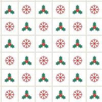 Cute Merry Christmas Holly Mistletoe Snow Snowflake Red Green Dash Line Mesh Grid Stripe Striped Line Checkered Plaid Tartan Buffalo Scott Gingham Background Seamless Pattern for Christmas Festival vector