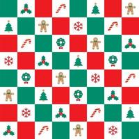 Cute Merry Christmas Tree Red Green Holly Candy Cane Gingerbread Wreath Snowflake Stripe Striped Check Checkered Plaid Tartan Buffalo Scott Gingham Background Seamless Pattern vector