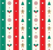 Cute Merry Christmas Tree Red Green Holly Candy Cane Gingerbread Wreath Snowflake Man Vertical Line Stripe Striped Plaid Tartan Buffalo Scott Gingham Background Seamless Pattern vector
