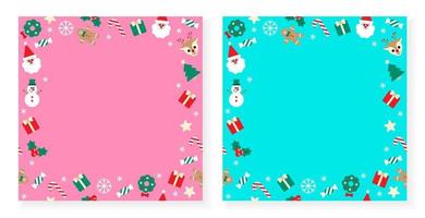 Cute Merry Christmas Santa Claus Holly Present Gift Box Snowflake Gingerbread Man Snowman Bell Confetti Decorative Square Post Card Poster Banner Pink Blue Background Copy Space Template Frame
