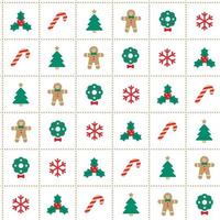 Cute Merry Christmas Tree Red Green Holly Candy Cane Gingerbread Wreath Snowflake Man Dash Line Stripe Striped Line Mesh Grid Checkered Plaid Tartan Buffalo Scott Gingham Background Seamless Pattern vector