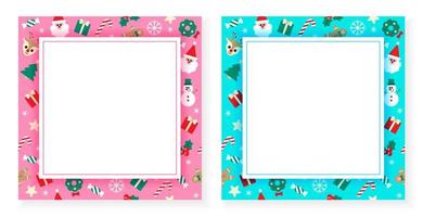 Cute Merry Christmas Santa Claus Holly Present Gift Box Snowflake Gingerbread Man Snowman Bell Confetti Decorative Square Post Card Poster Banner Pink Blue Background Copy Space Square Template Frame vector