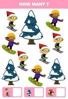 juego educativo para niños que buscan y cuentan cuántos objetos de un lindo niño de dibujos animados jugando al esquí y al snowboard hoja de trabajo de invierno imprimible vector