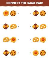 Education game for children connect the same picture of cute cartoon cookie pair printable food worksheet vector