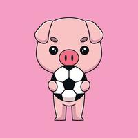 lindo cerdo sosteniendo una pelota de fútbol caricatura mascota garabato arte dibujado a mano concepto vector kawaii icono ilustración