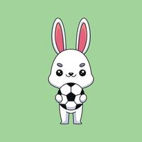 lindo conejo sosteniendo una pelota de fútbol mascota de dibujos animados doodle arte dibujado a mano concepto vector kawaii icono ilustración