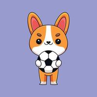 lindo corgi sosteniendo un balón de fútbol caricatura mascota garabato arte dibujado a mano concepto vector kawaii icono ilustración