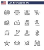 USA Happy Independence DayPictogram Set of 16 Simple Lines of gate usa buntings flag star Editable USA Day Vector Design Elements