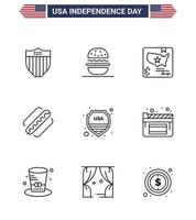 USA Independence Day Line Set of 9 USA Pictograms of shield states american hotdog america Editable USA Day Vector Design Elements