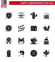 Editable Vector Solid Glyph Pack of USA Day 16 Simple Solid Glyphs of money independence usa independence drum Editable USA Day Vector Design Elements
